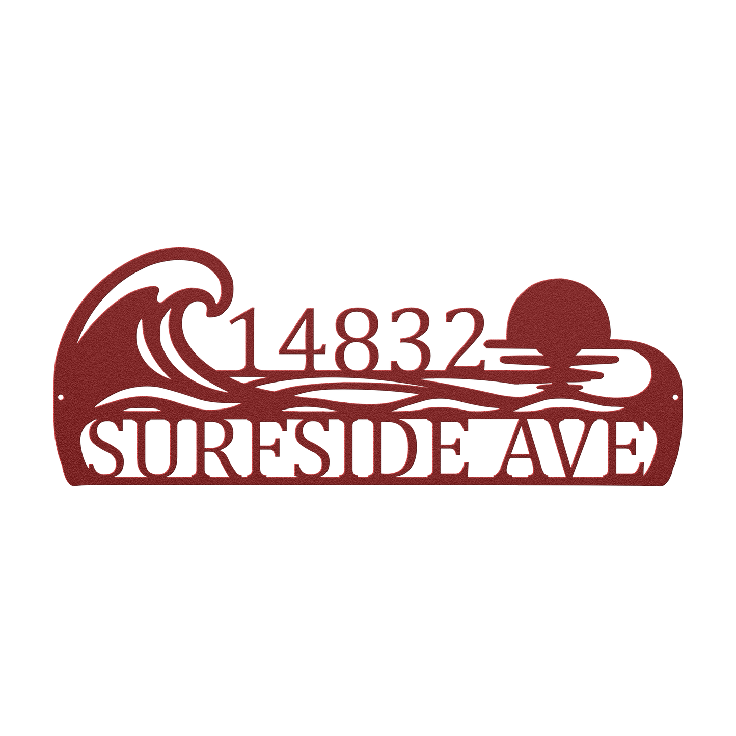Custom coastal ocean wave address metal sign in red — personalized ocean wave house number wall art