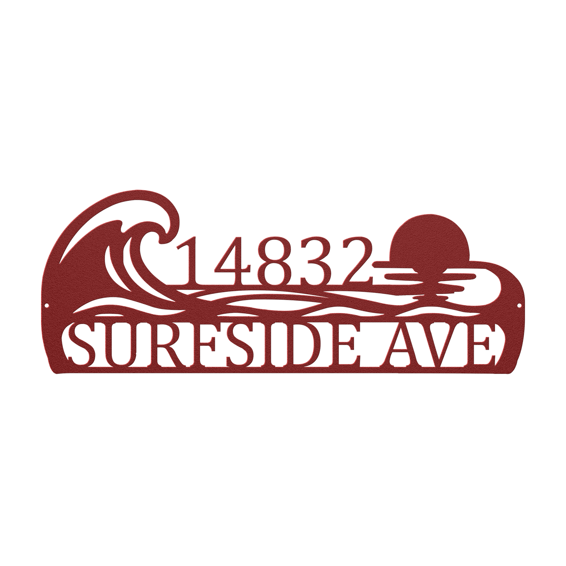 Custom coastal ocean wave address metal sign in red — personalized ocean wave house number wall art