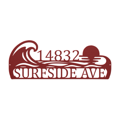 Custom coastal ocean wave address metal sign in red — personalized ocean wave house number wall art