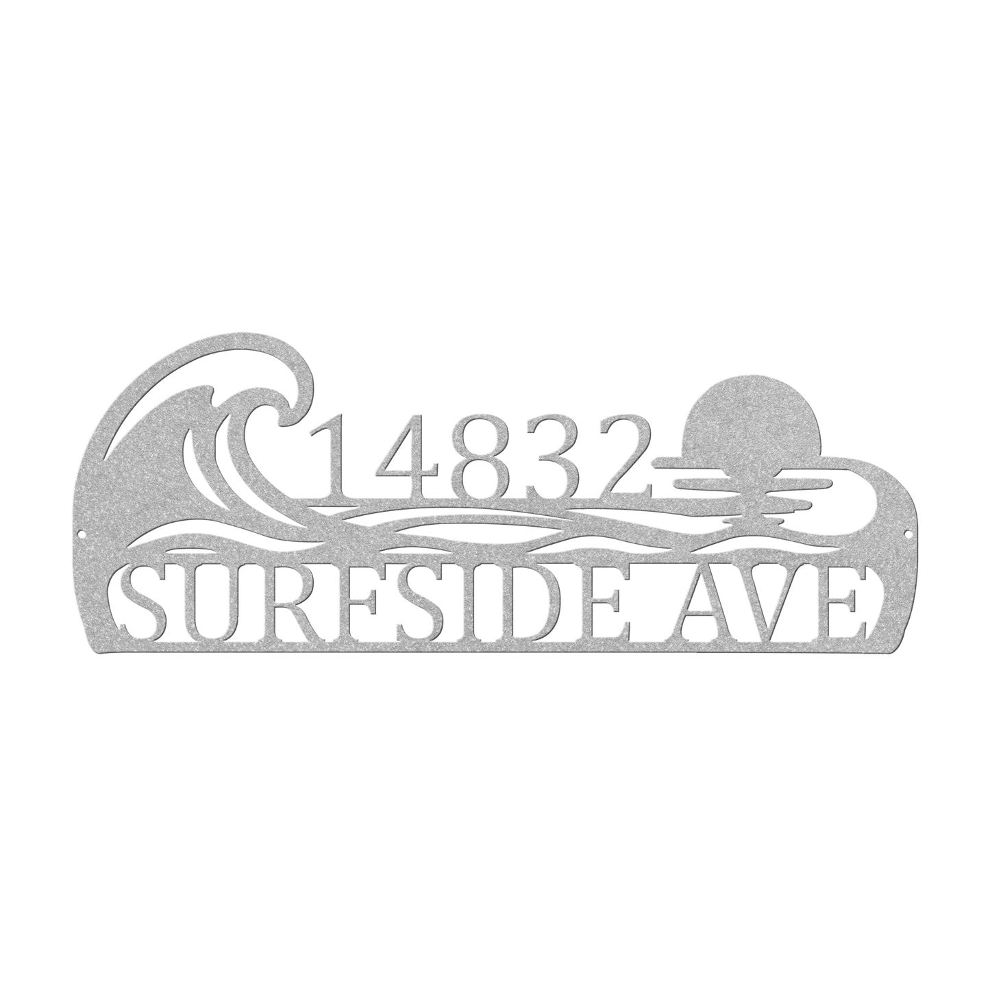 Custom coastal ocean wave address metal sign in silver — personalized ocean wave house number wall art