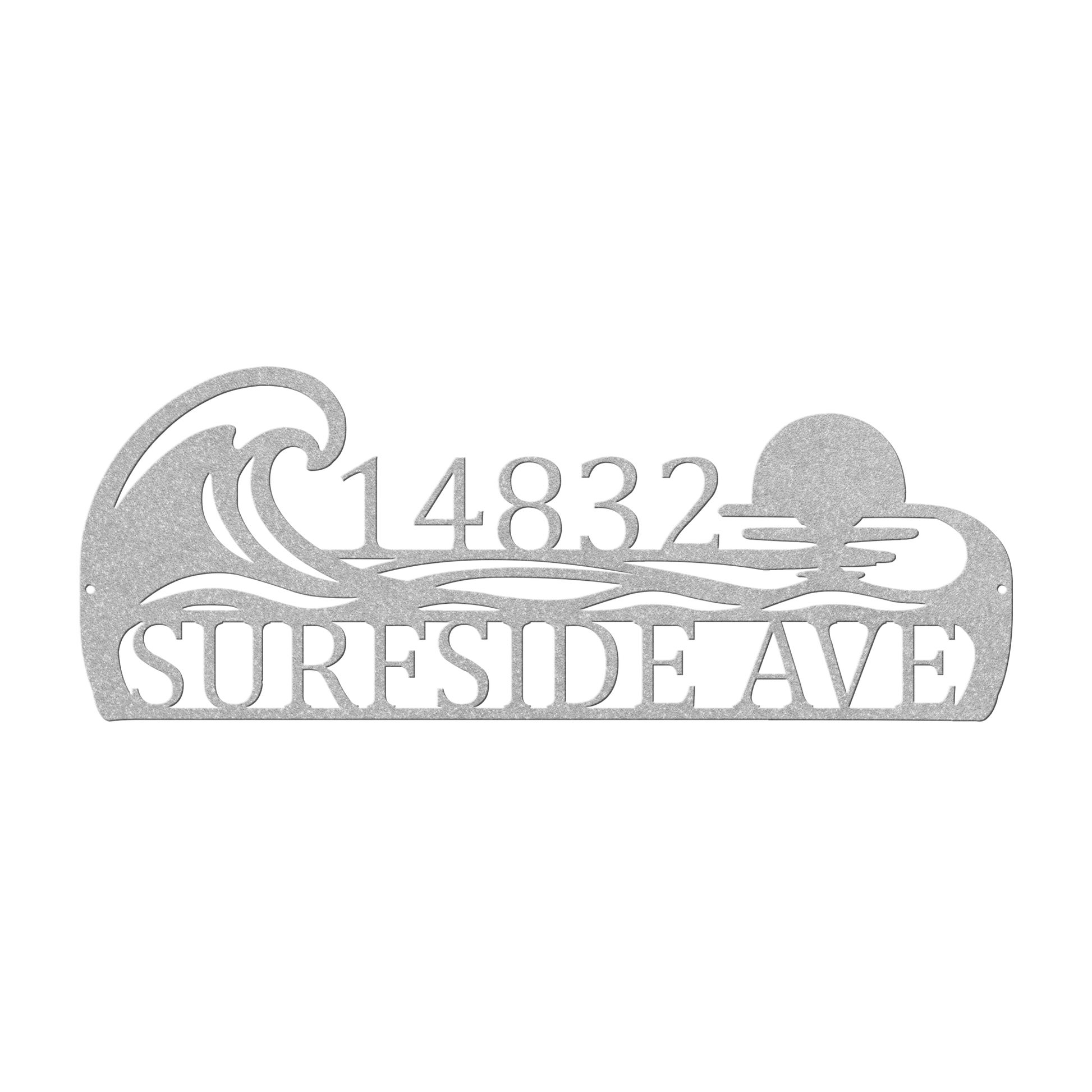 Custom coastal ocean wave address metal sign in silver — personalized ocean wave house number wall art