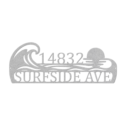 Custom coastal ocean wave address metal sign in silver — personalized ocean wave house number wall art