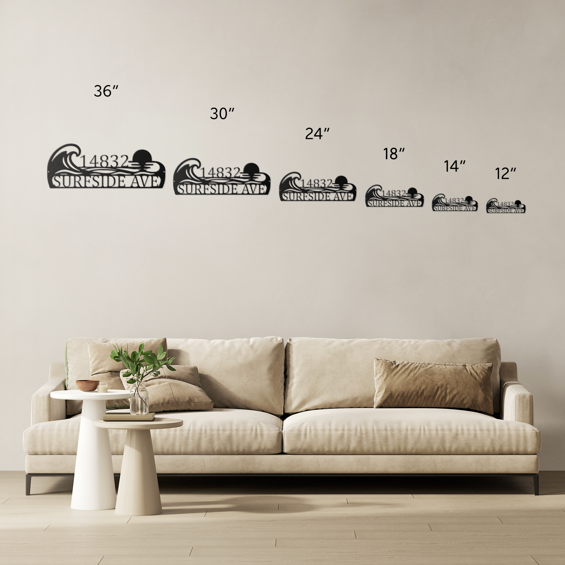 Custom coastal ocean wave address metal sign size comparison — 12 to 36 inch options