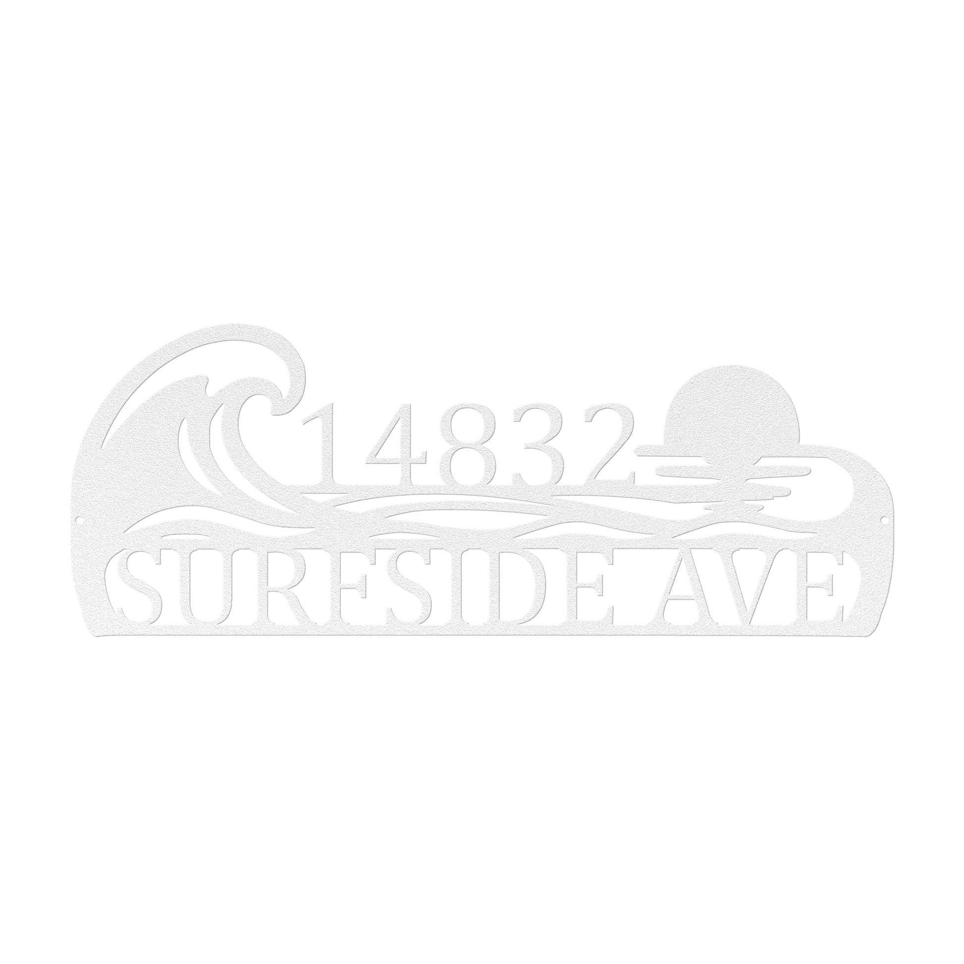 Custom coastal ocean wave address metal sign in white — personalized ocean wave house number wall art