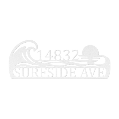 Custom coastal ocean wave address metal sign in white — personalized ocean wave house number wall art