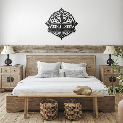 Black custom compass rose coordinates metal sign in a farmhouse room — personalized keepsake wall decor