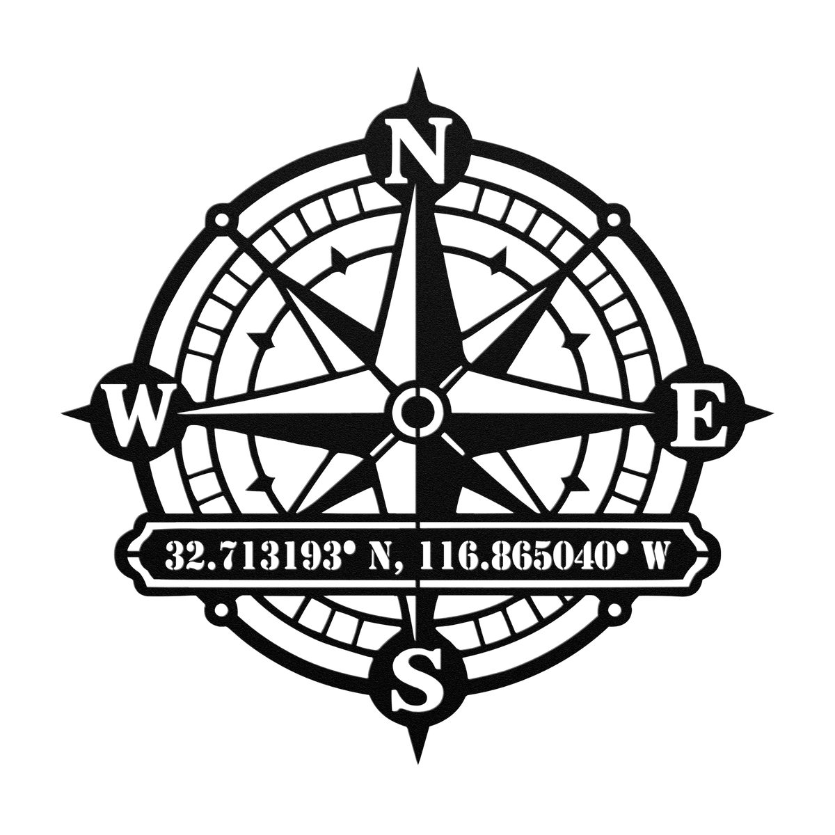 Custom compass rose coordinates metal sign in black — personalized GPS coordinates wall art