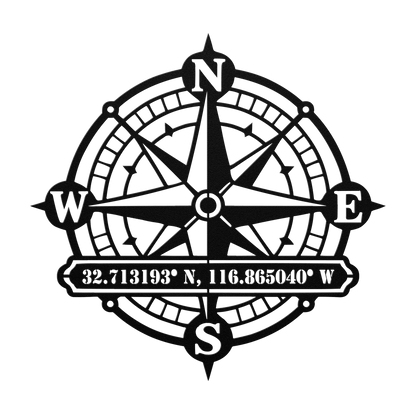 Custom compass rose coordinates metal sign in black — personalized GPS coordinates wall art