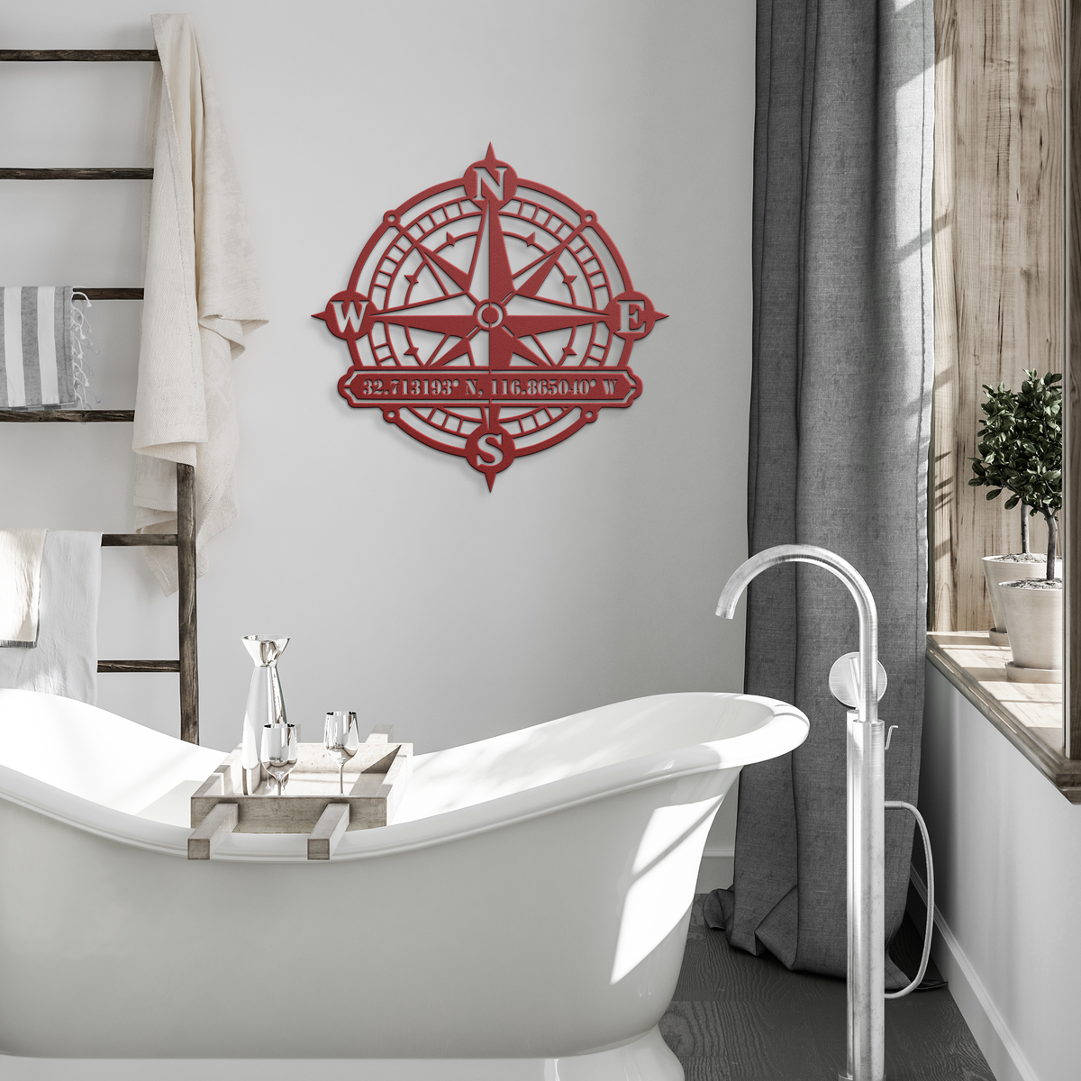 Red custom compass rose coordinates metal sign in a modern room — personalized keepsake wall decor