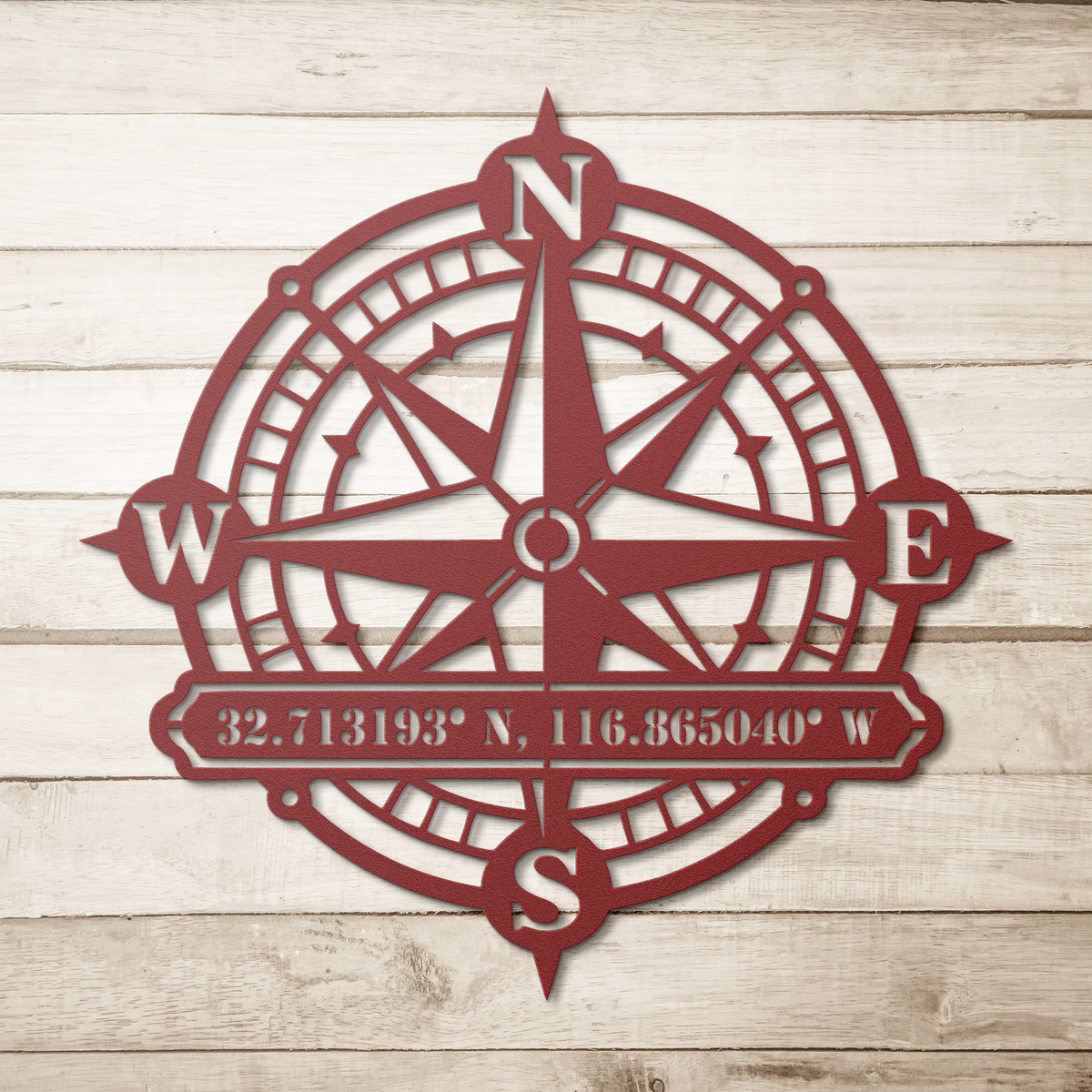 Red custom compass rose coordinates metal sign on a wood background — personalized keepsake wall decor