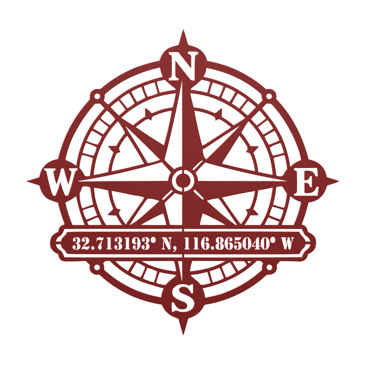 Custom compass rose coordinates metal sign in red — personalized GPS coordinates wall art