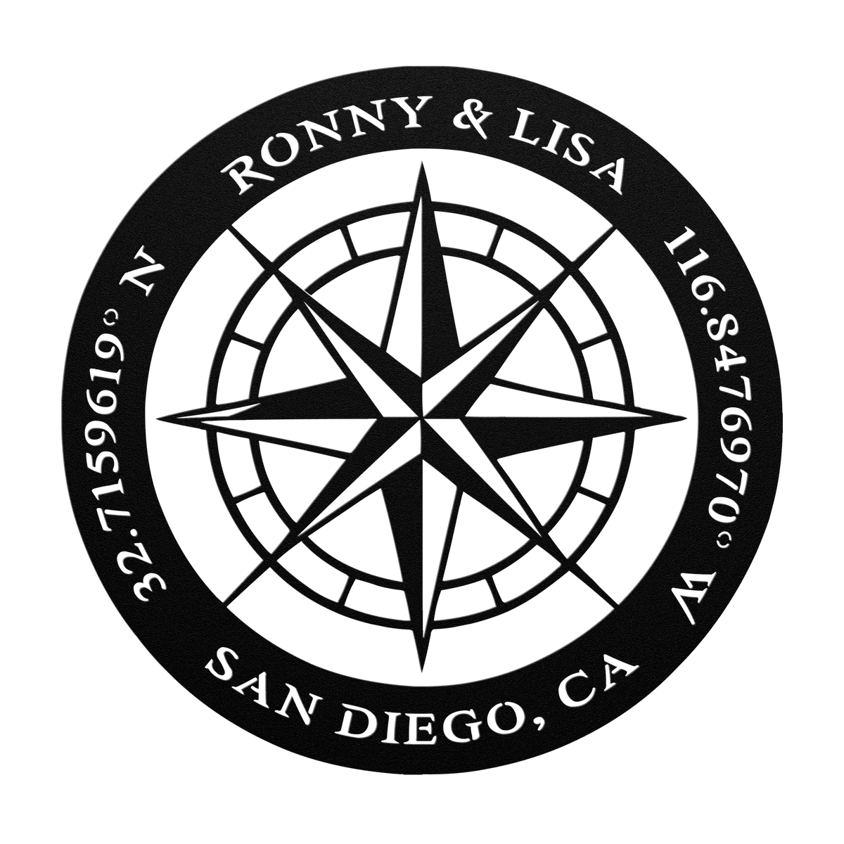 Custom couples compass coordinates metal sign in black — personalized names and coordinates wall art