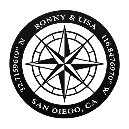 Custom couples compass coordinates metal sign in black — personalized names and coordinates wall art