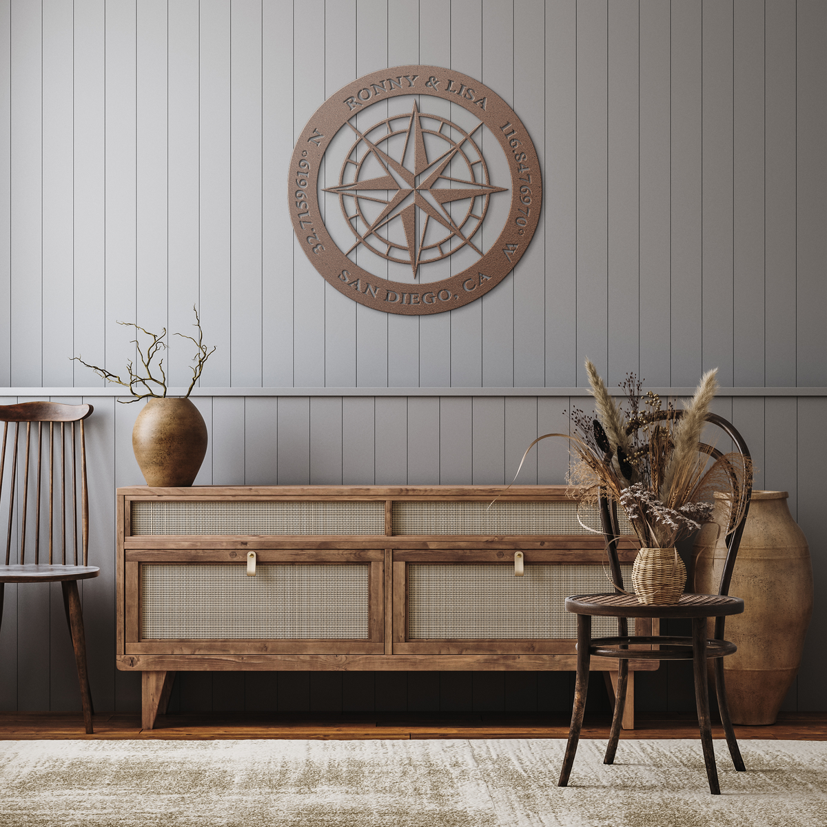 Copper custom couples compass coordinates metal sign in a rustic hallway — personalized couples keepsake wall decor