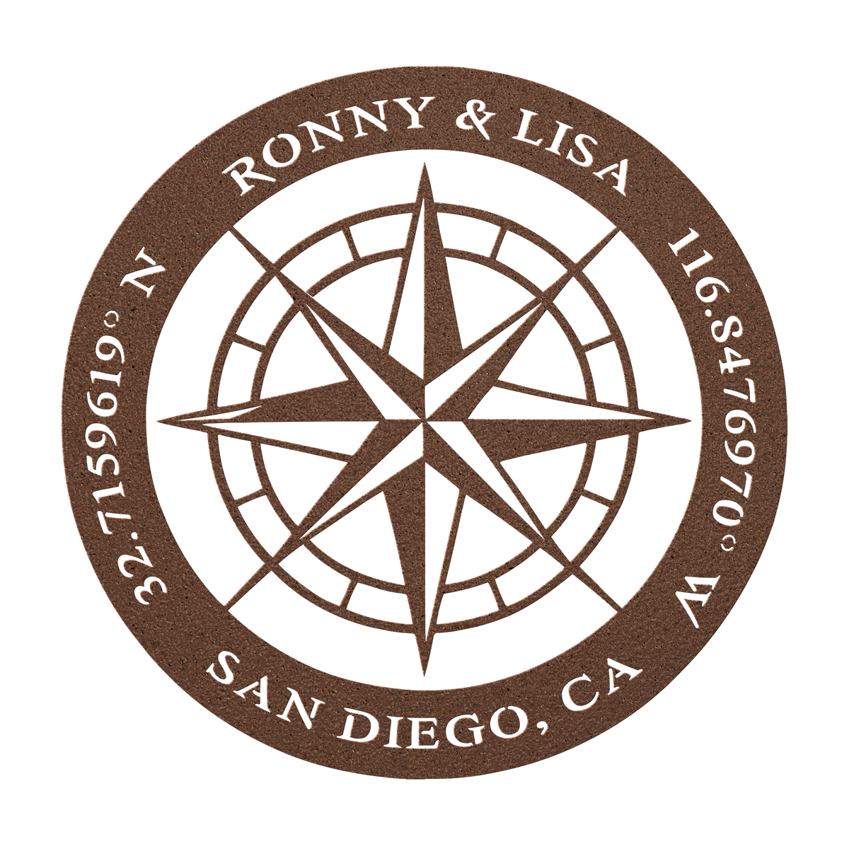 Custom couples compass coordinates metal sign in copper — personalized names and coordinates wall art