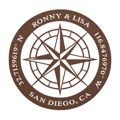 Custom couples compass coordinates metal sign in copper — personalized names and coordinates wall art