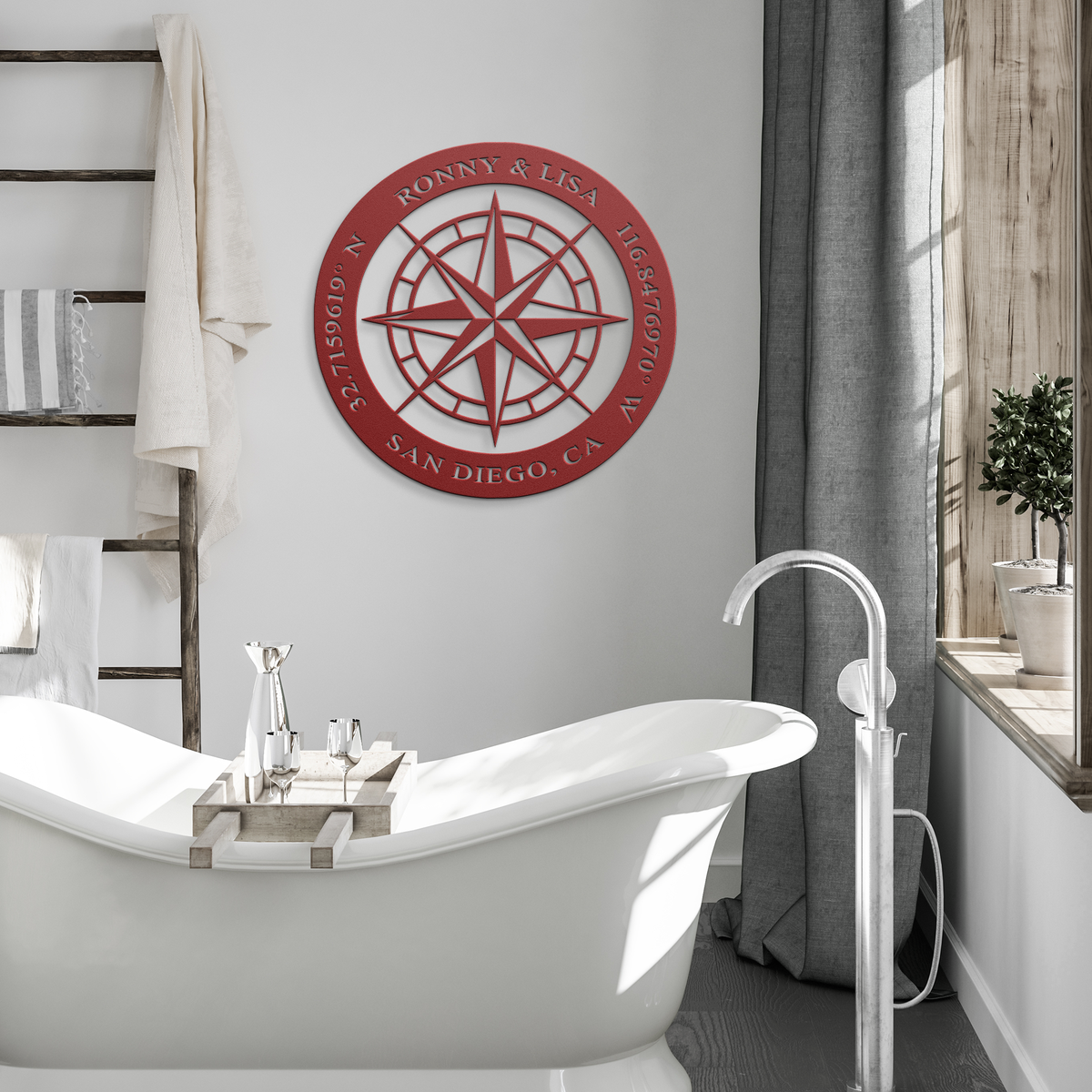 Red custom couples compass coordinates metal sign in a modern room — personalized couples keepsake wall decor