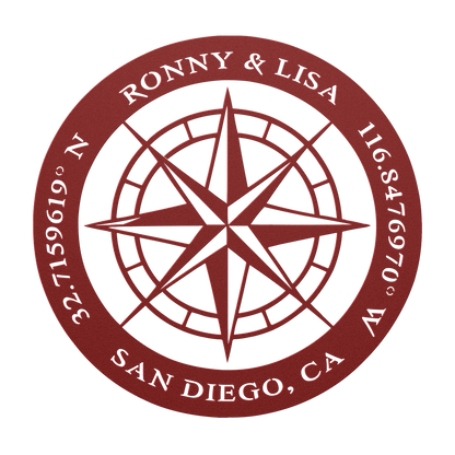 Custom couples compass coordinates metal sign in red — personalized names and coordinates wall art