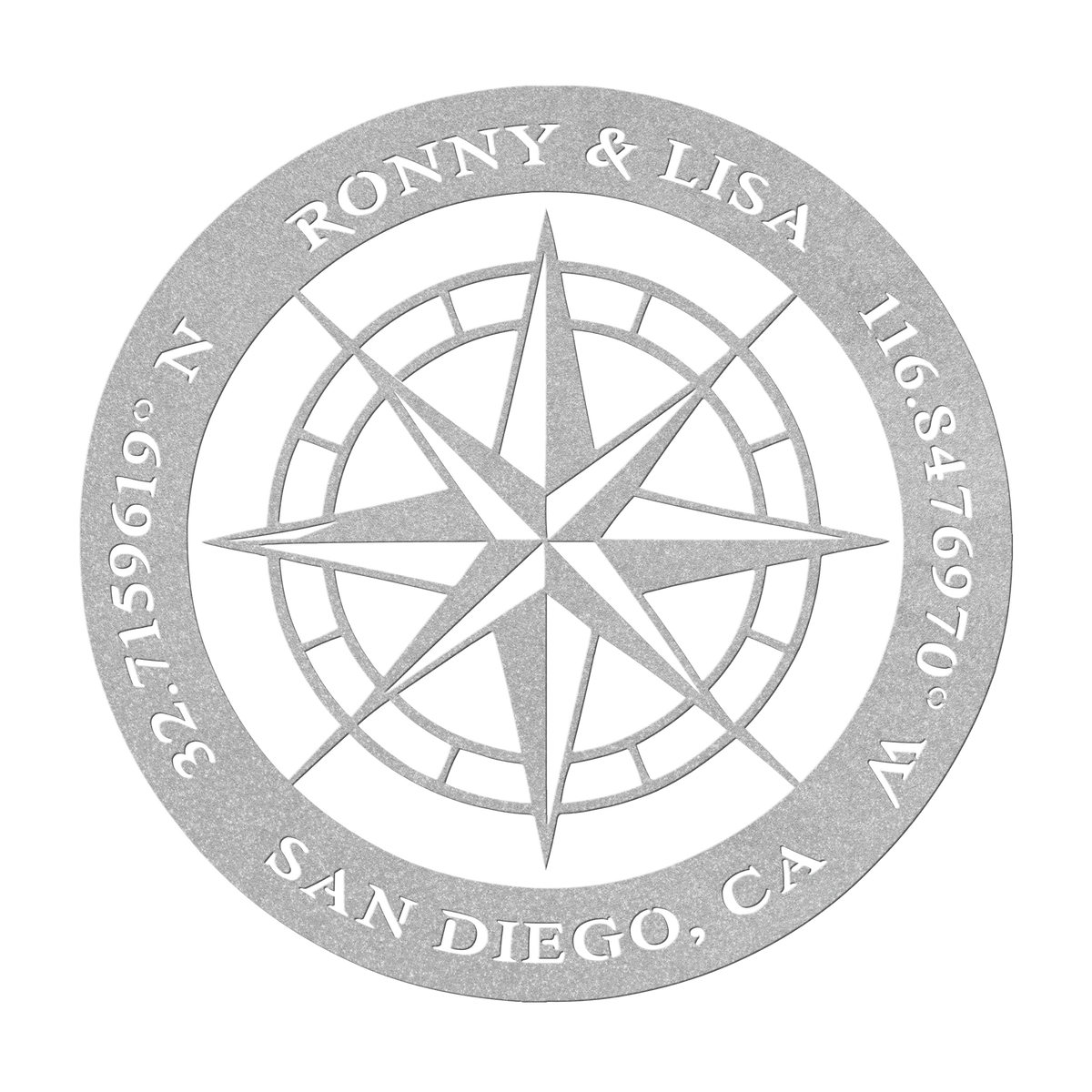 Custom couples compass coordinates metal sign in silver — personalized names and coordinates wall art