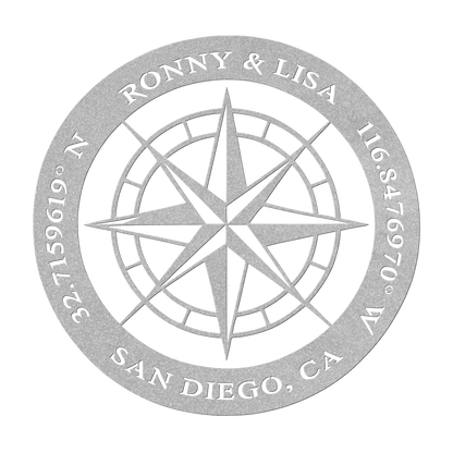 Custom couples compass coordinates metal sign in silver — personalized names and coordinates wall art