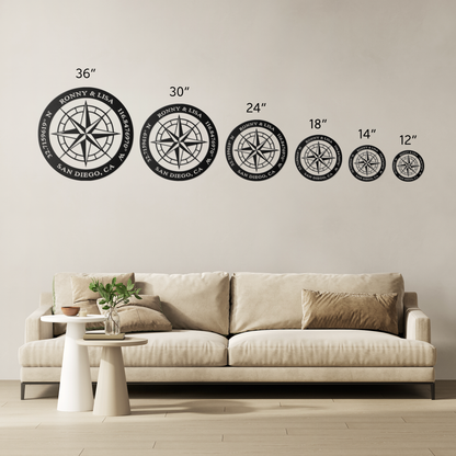 Custom couples compass coordinates metal sign size comparison — 12 to 36 inch options