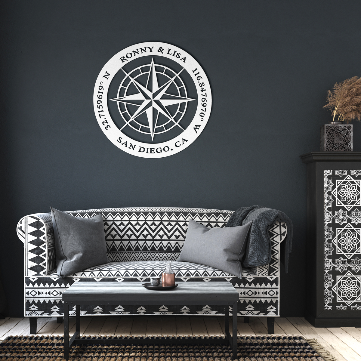 White custom couples compass coordinates metal sign in a living room — personalized couples keepsake wall decor