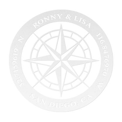 Custom couples compass coordinates metal sign in white — personalized names and coordinates wall art