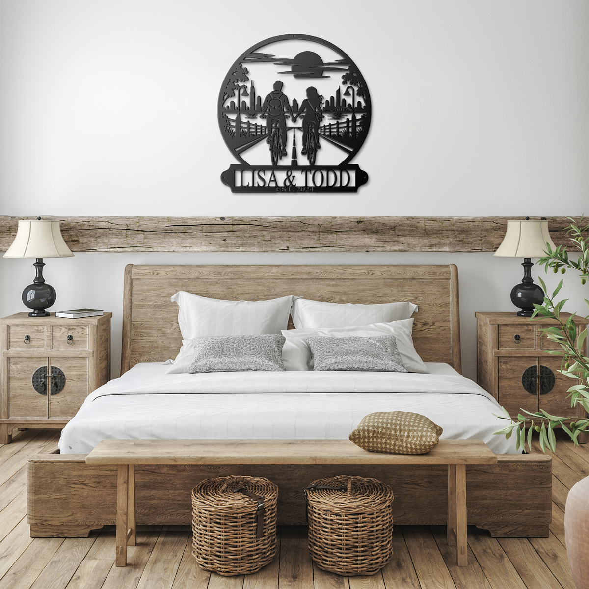 Black custom cycling couple metal sign in a farmhouse room — personalized couples wall art