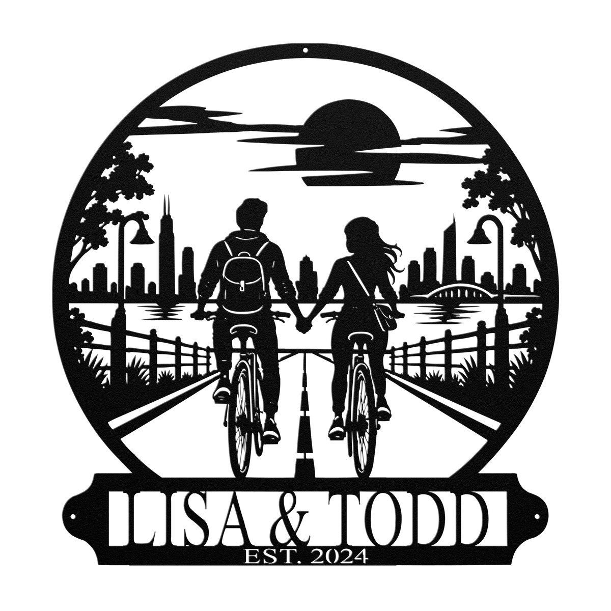 Custom cycling couple metal sign in black — personalized bike ride city skyline wall art