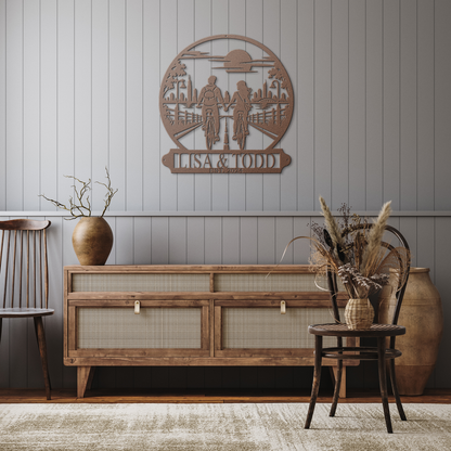 Copper custom cycling couple metal sign in a rustic hallway — personalized couples decor