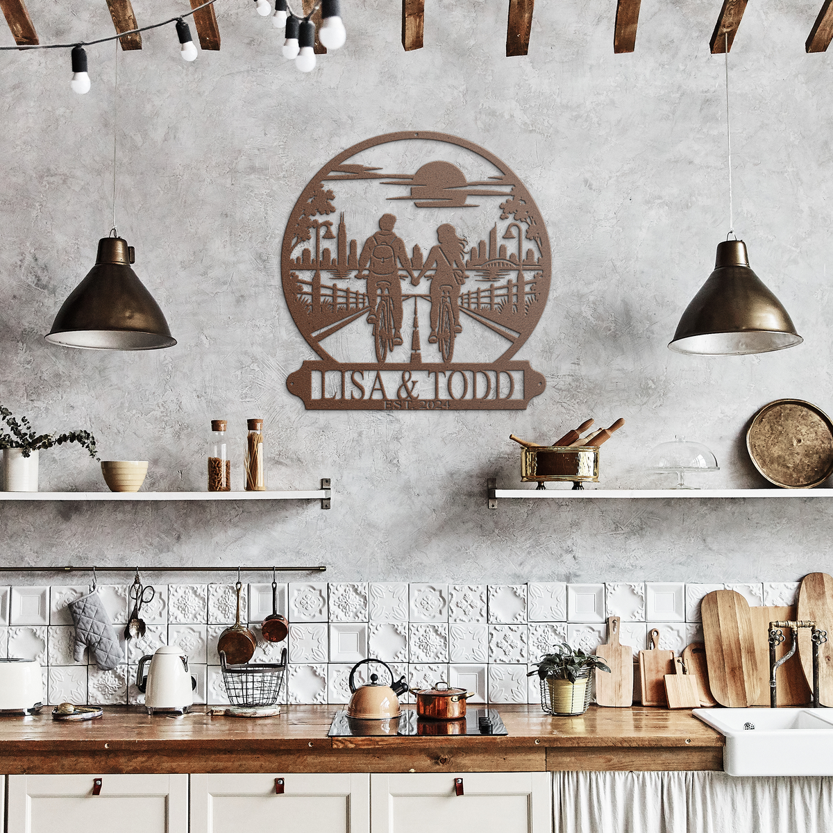 Copper custom cycling couple metal sign in a rustic kitchen — personalized couples decor