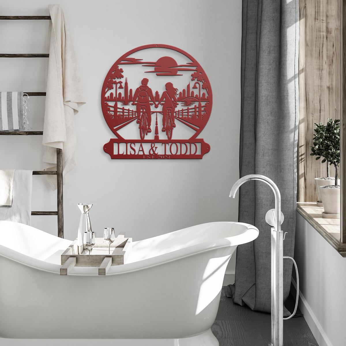 Red custom cycling couple metal sign in a modern room — personalized couples decor