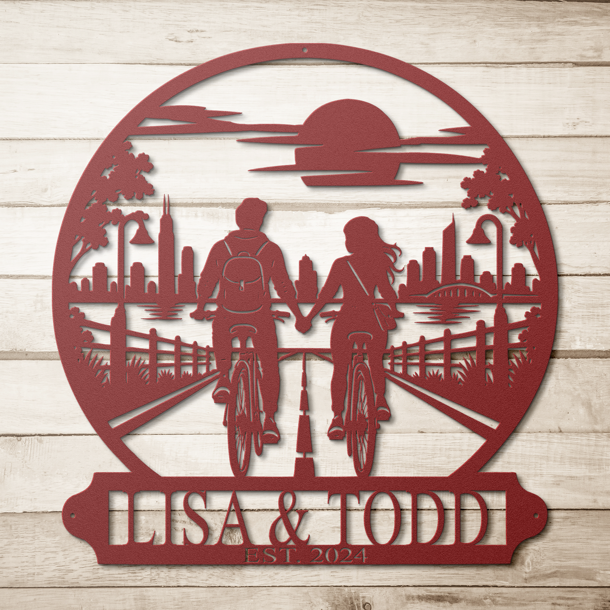 Red custom cycling couple metal sign on a wood background — personalized couples wall art