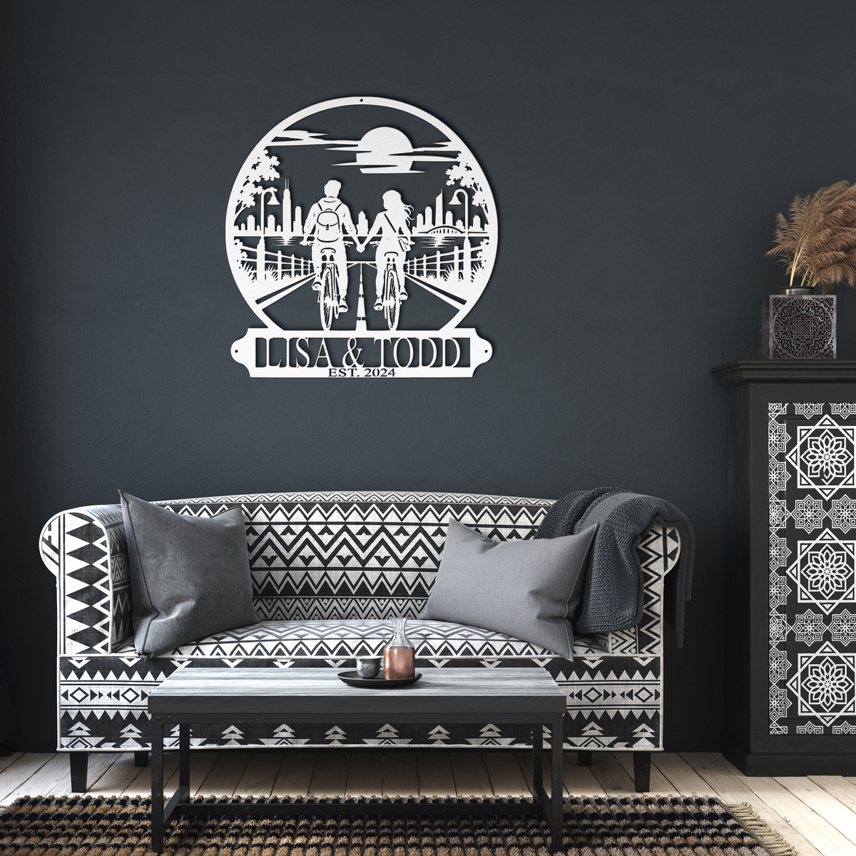 White custom cycling couple metal sign in a living room — personalized couples wall decor