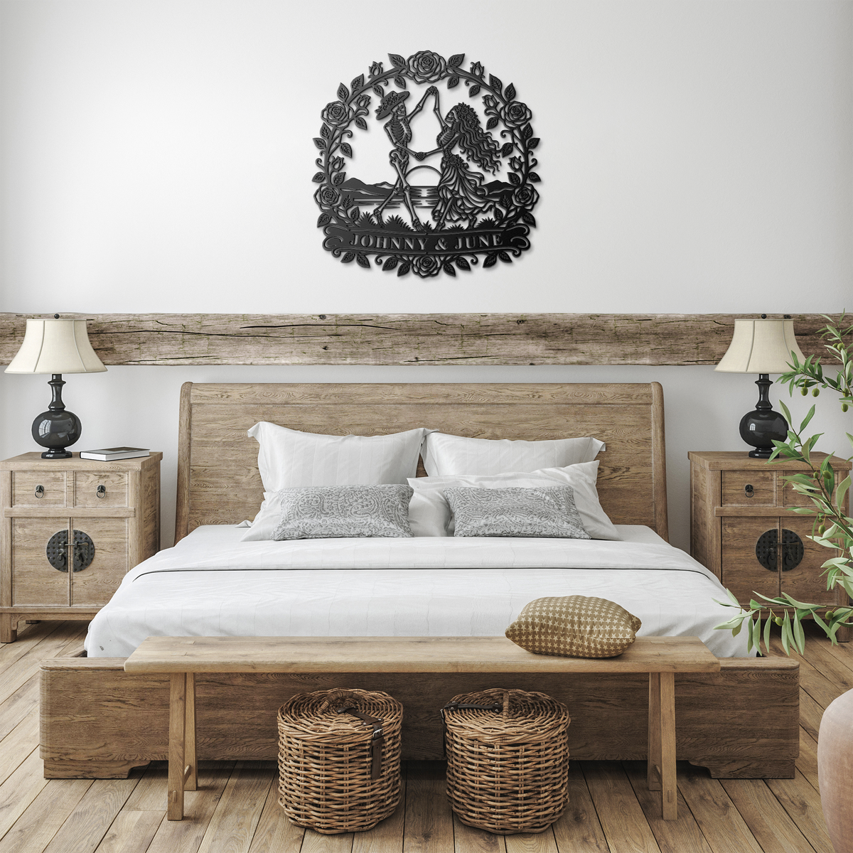 Black custom dancing skeleton couple metal sign in a farmhouse room — personalized gothic wedding decor