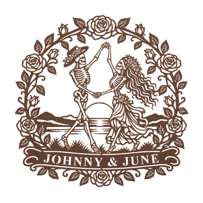 Custom dancing skeleton couple metal sign in copper — personalized gothic wedding wall art