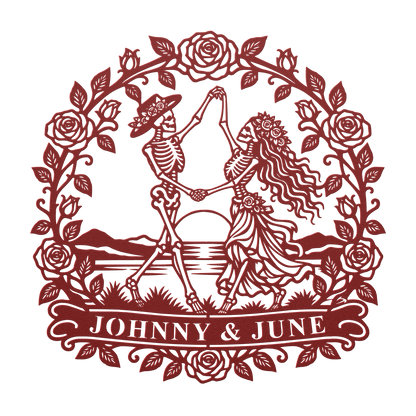 Custom dancing skeleton couple metal sign in red — personalized gothic wedding wall art