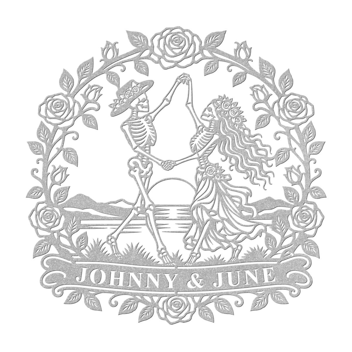 Custom dancing skeleton couple metal sign in silver — personalized gothic wedding wall art
