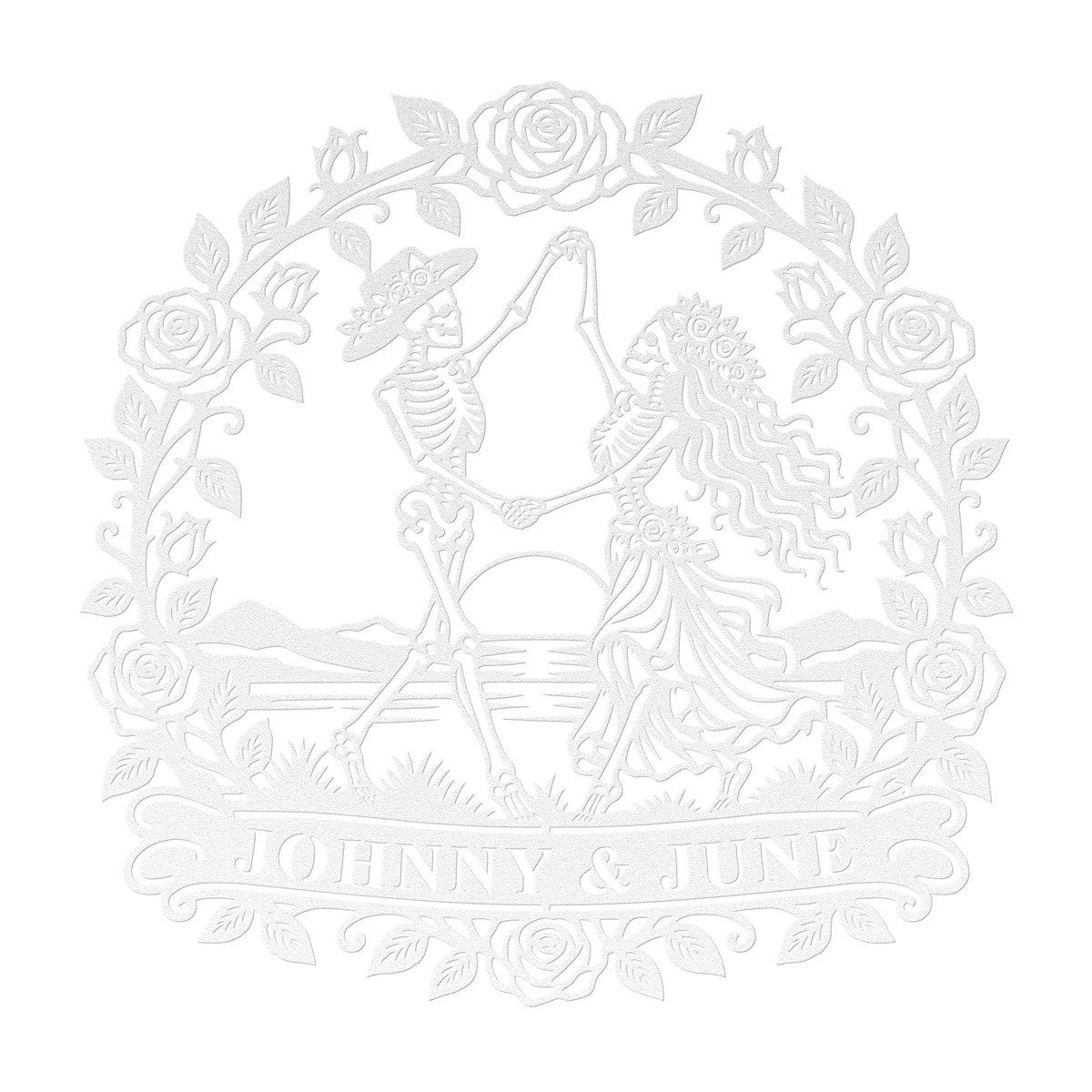 Custom dancing skeleton couple metal sign in white — personalized gothic wedding wall art