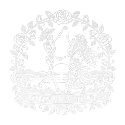Custom dancing skeleton couple metal sign in white — personalized gothic wedding wall art
