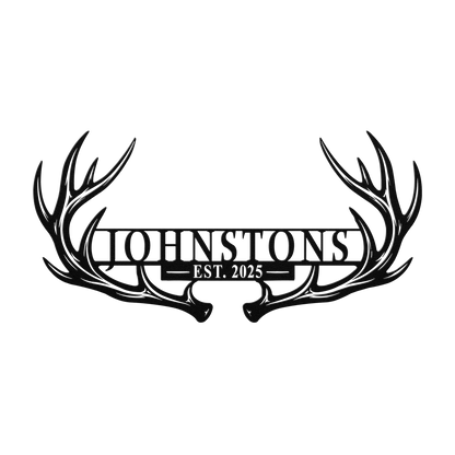 Custom deer antler family name metal sign in black — personalized family name and year wall art