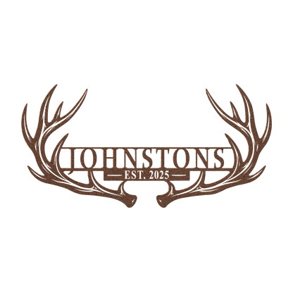 Custom deer antler family name metal sign in copper — personalized family name and year wall art