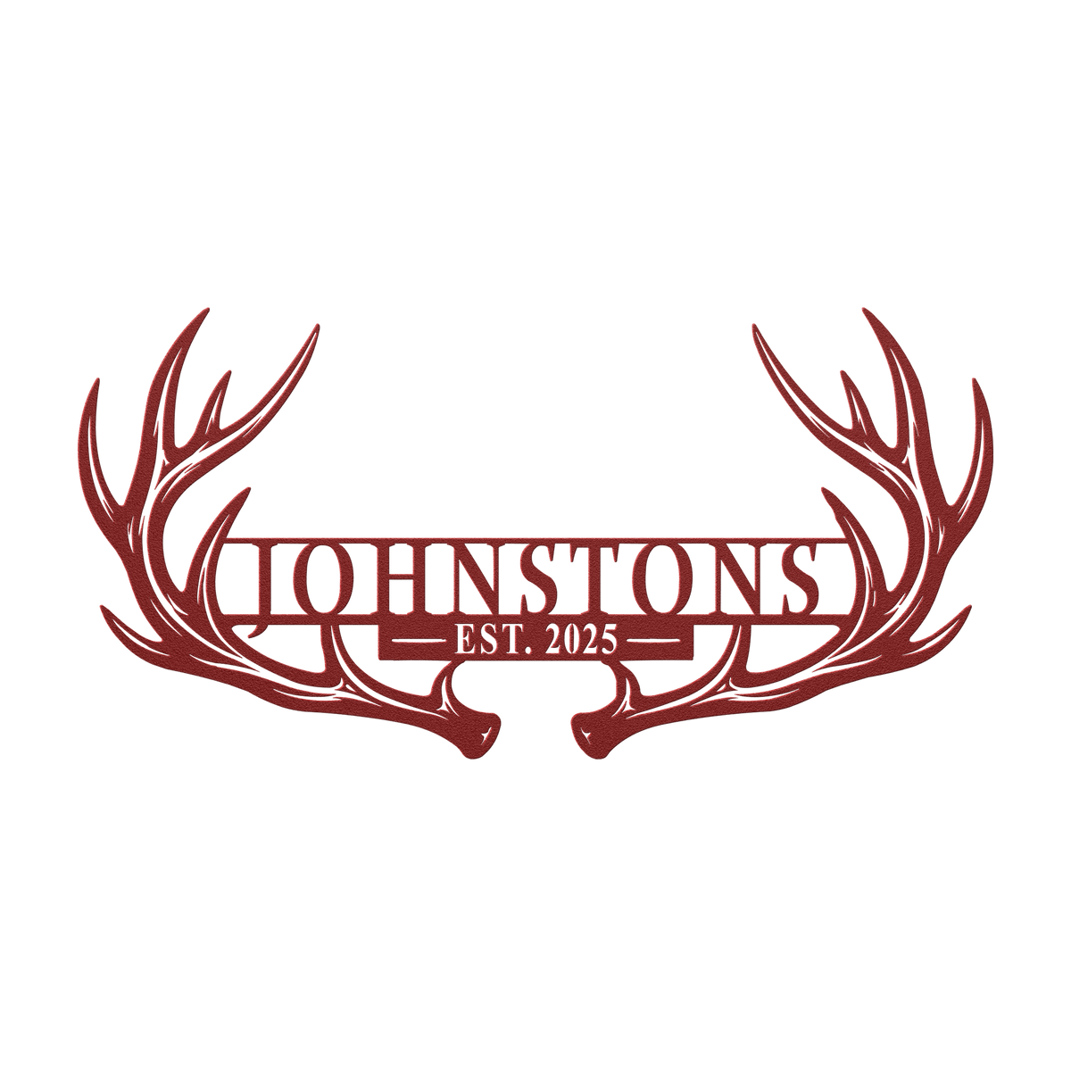 Custom deer antler family name metal sign in red — personalized family name and year wall art