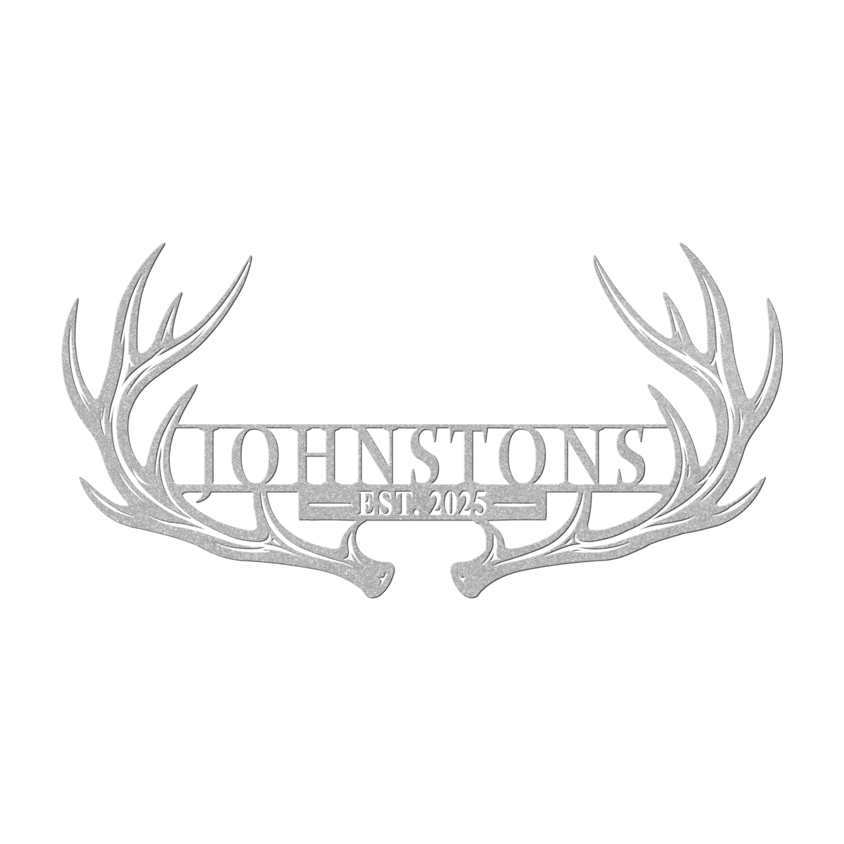 Custom deer antler family name metal sign in silver — personalized family name and year wall art