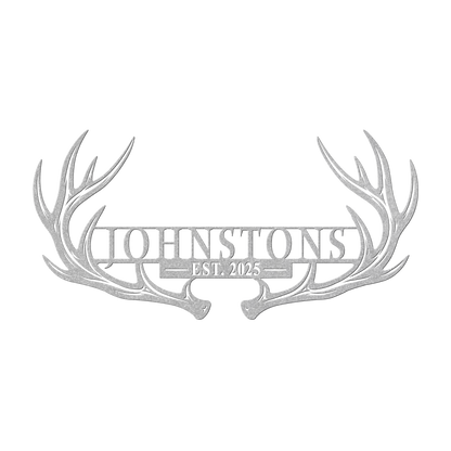 Custom deer antler family name metal sign in silver — personalized family name and year wall art