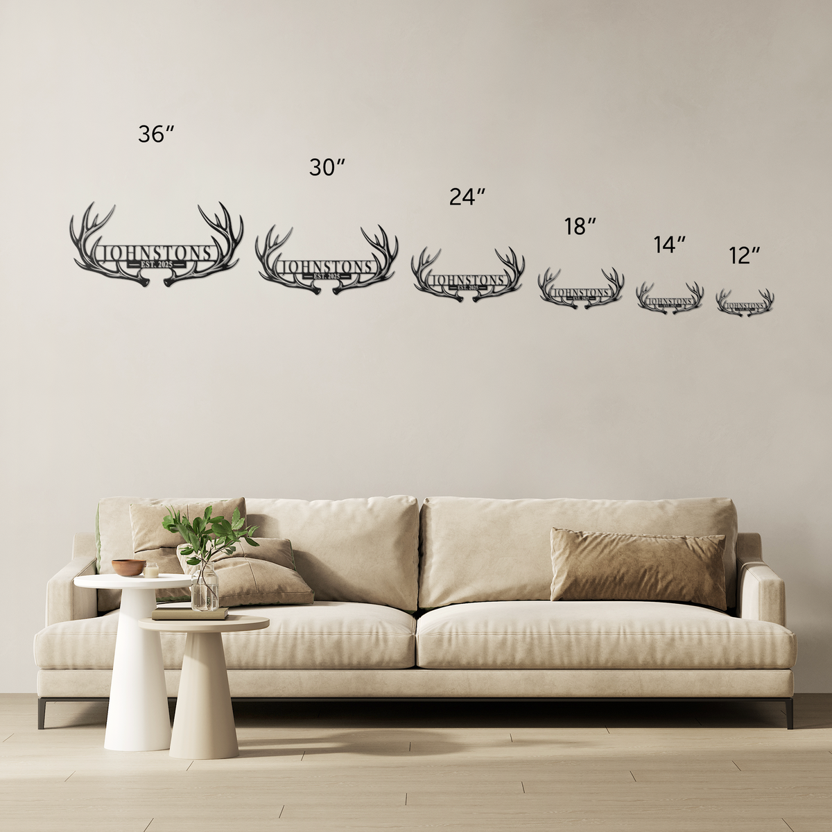 Custom deer antler family name metal sign size comparison — 12 to 36 inch options