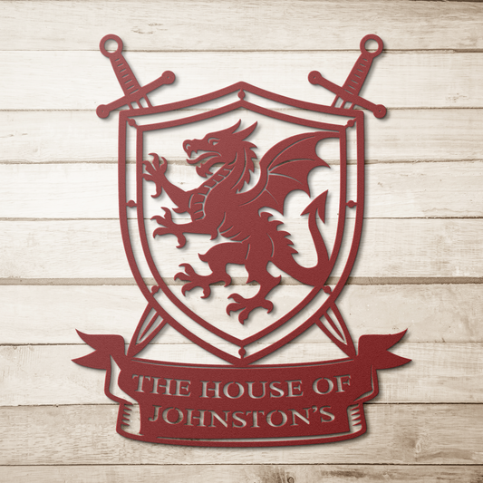 Custom family dragon crest metal sign in black — personalized coat of arms wall art