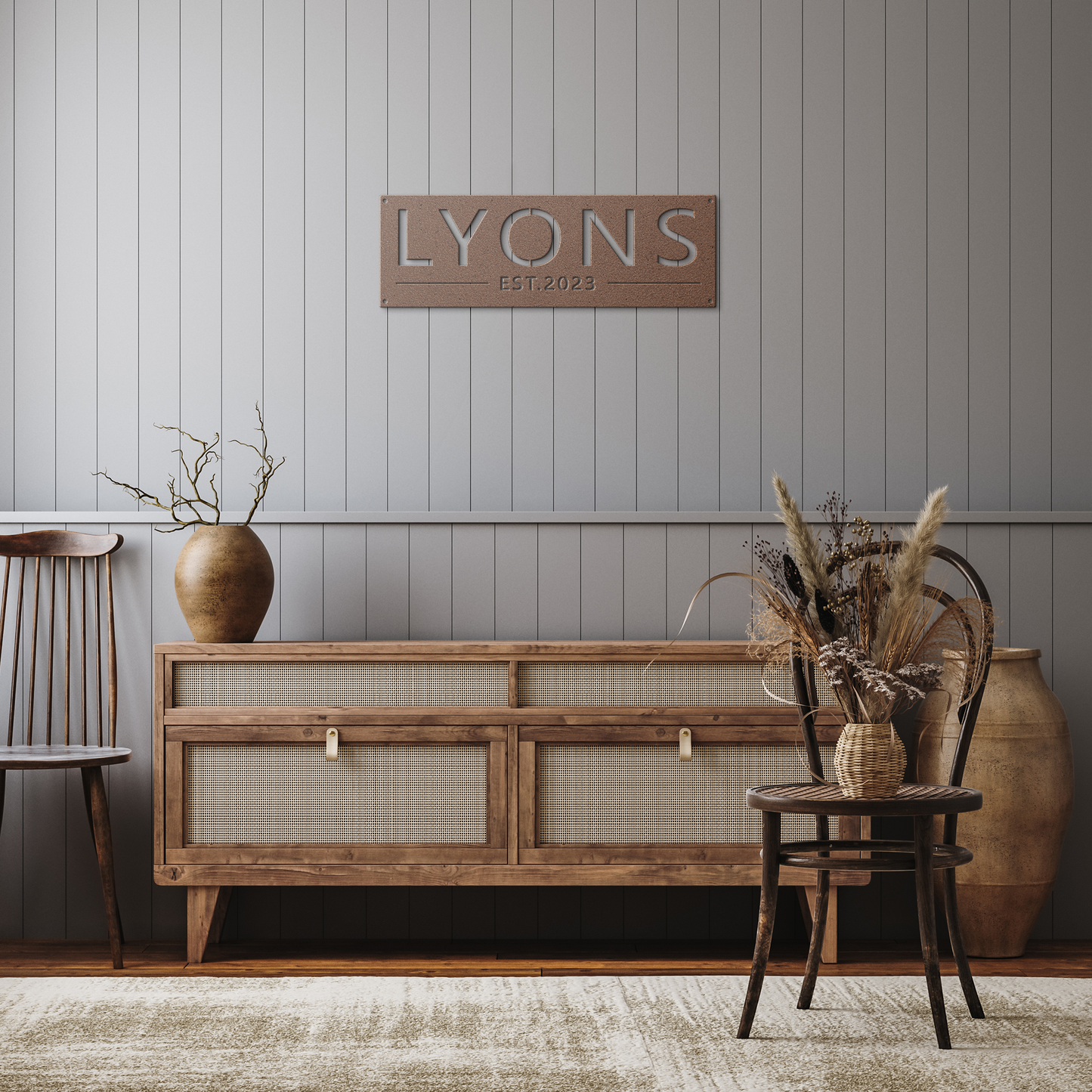 Copper custom family name established metal sign in rustic hallway — personalized family name wall art