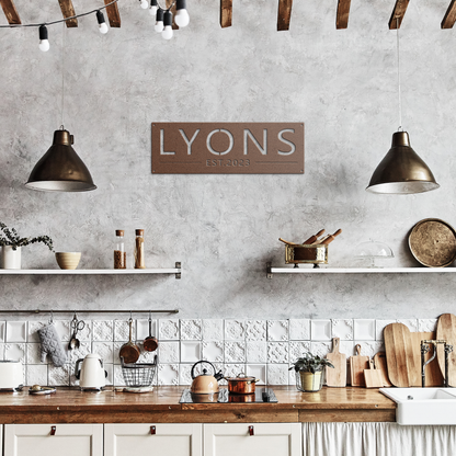 Copper custom family name established metal sign in rustic kitchen — personalized family name wall art
