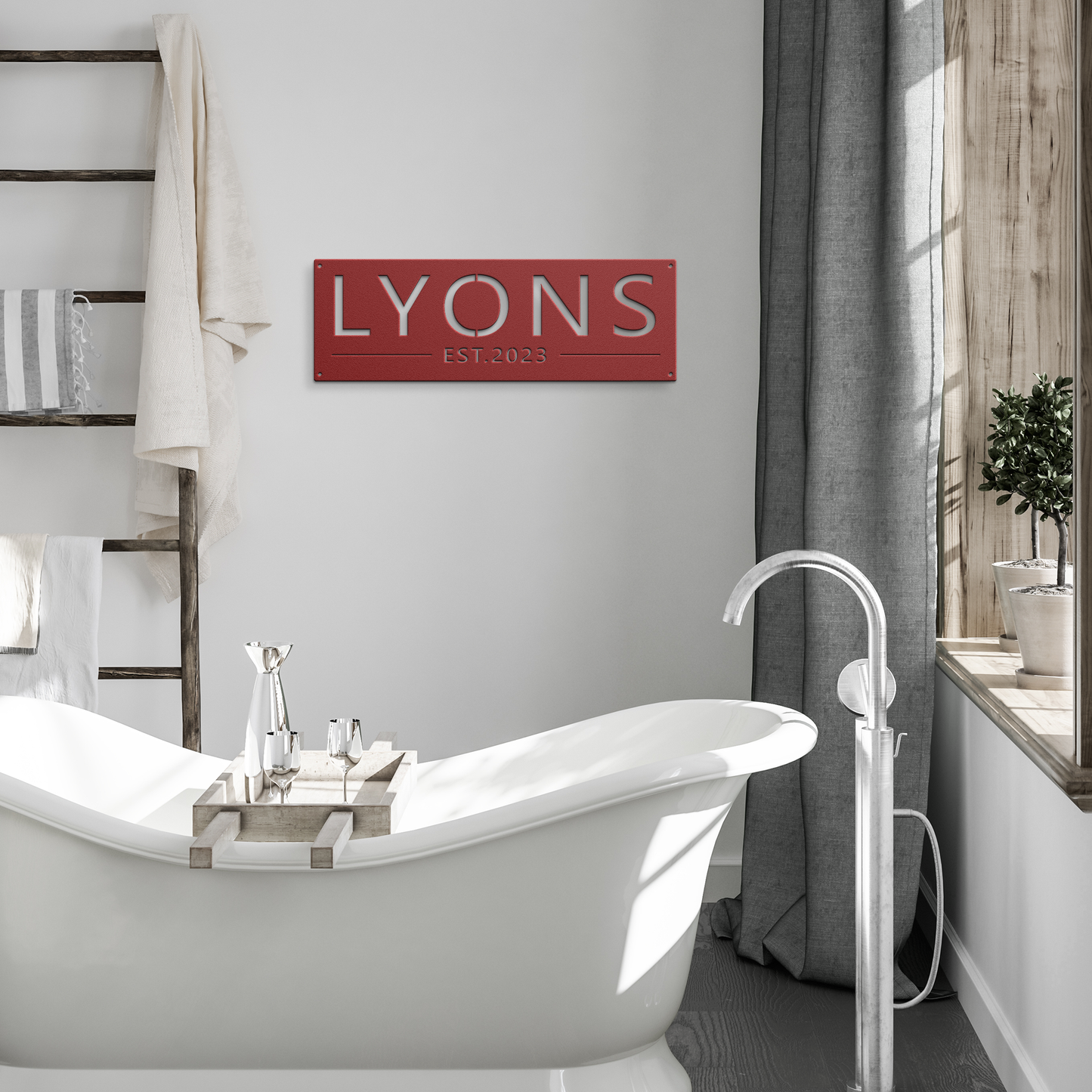 Red custom family name established metal sign in modern room — personalized family name wall art
